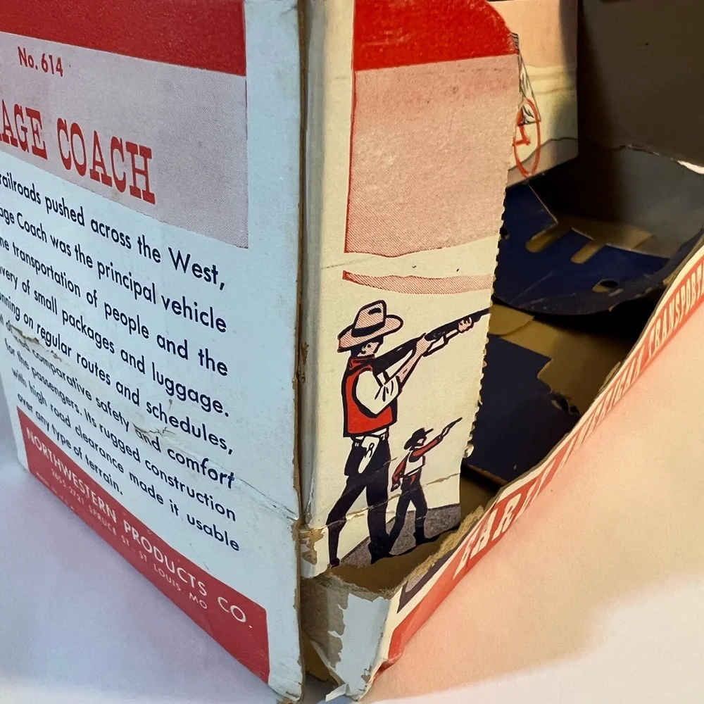Vintage tin toy Northwestern Stage coach with horses , box and brochure. - Picture 11 of 14